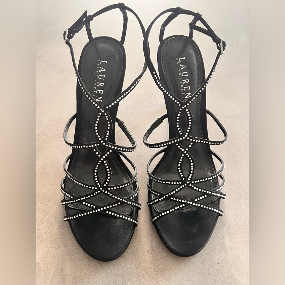 Lauren Ralph Lauren Black Satin Embellished Sandals, Sz 9 ½